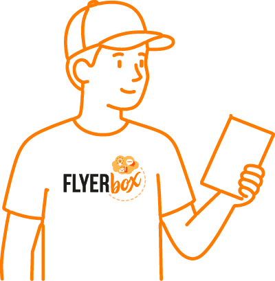 Illustrazione di un addetto Flyerbox con cappellino e volantino in mano.